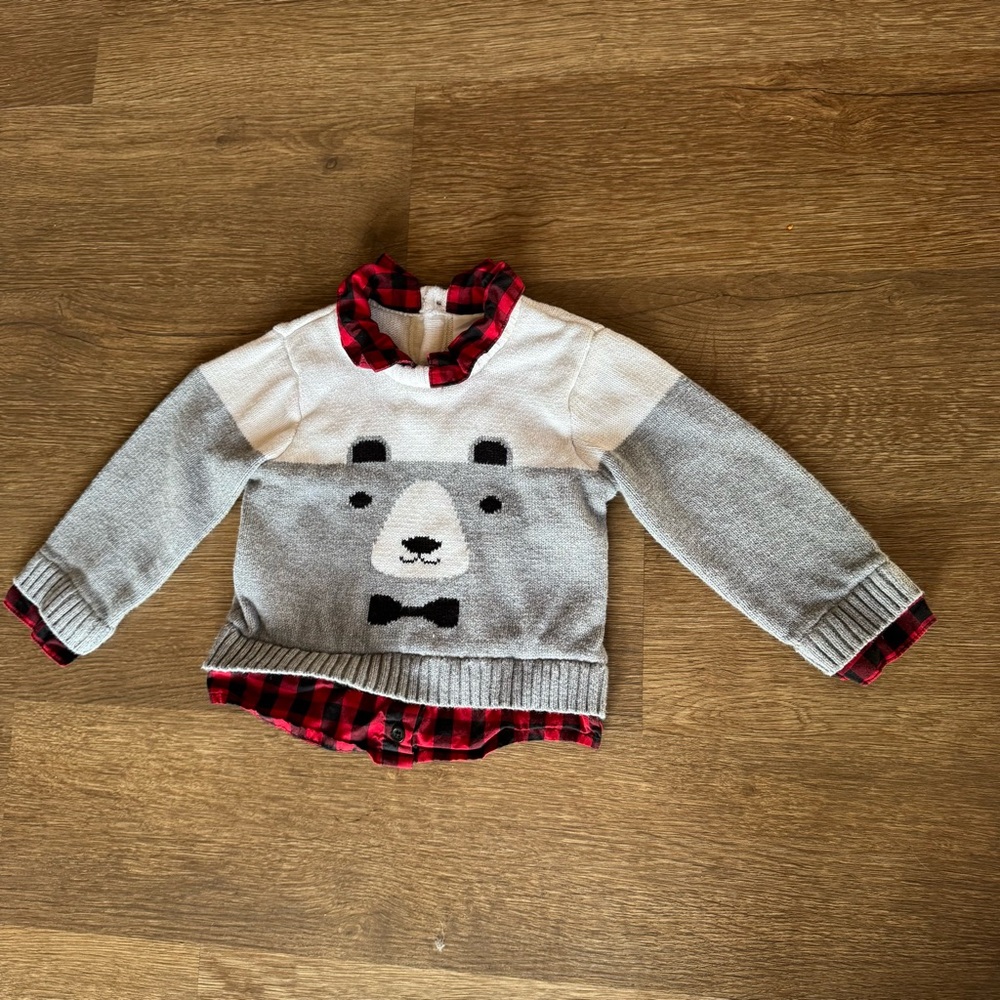 Baby Boy Bear Sweater for Christmas with Bear and Plaid Buffalo Print